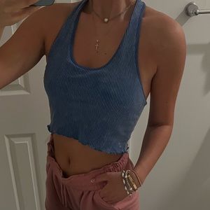 BLUE RIBBED CROPPED TANK TOP